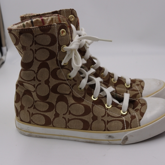 Coach | Shoes | Coach Bonney Brown White Hightop Sneakers 8 Fold Down ...